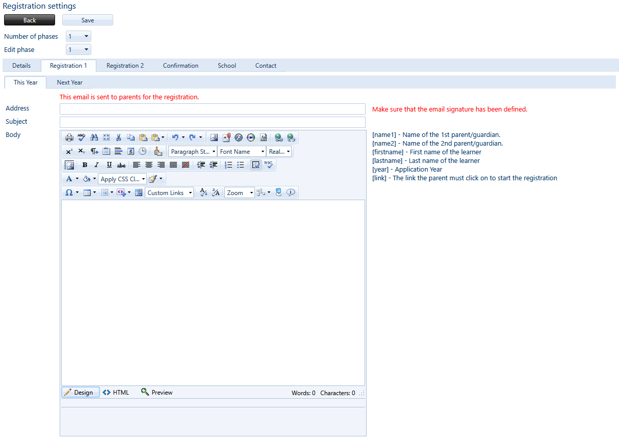 Registrations - emails in settings