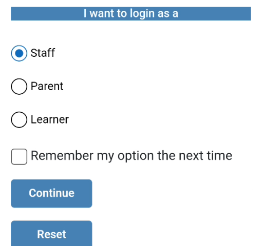 The login screen of the saspac app. Staff, Parent or Learners can login