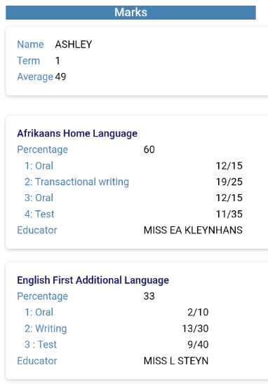 Parents can view their children's Marks in the Saspac App