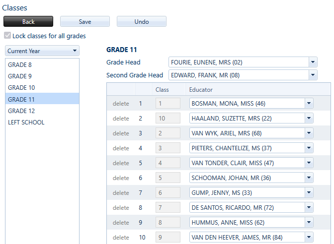 The classes menu in Saspac allows you to easily select or change Grade Heads and Educators for classes