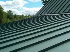 Close-up of a green metal roof with ridges, with a background of trees and a partly cloudy sky.