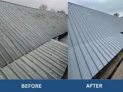 Side-by-side comparison of a roof before and after cleaning or renovation, showing a dirty, weathered roof on the left and a clean, metal roof on the right.