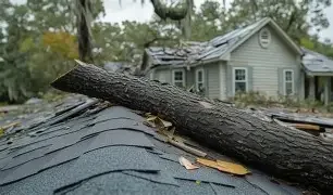 A large tree branch has fallen on a house roof, causing damage to the shingles.