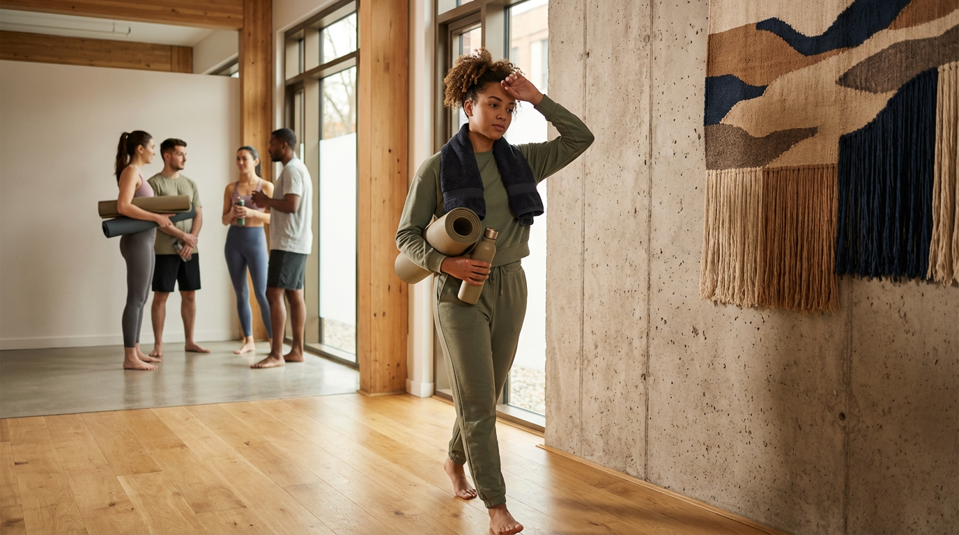 A woman in green workout clothes walking in a yoga studio, carrying a yoga mat, water bottle, and towel, with a group of people in the background, some holding yoga mats, inside a modern studio with wood and concrete walls.