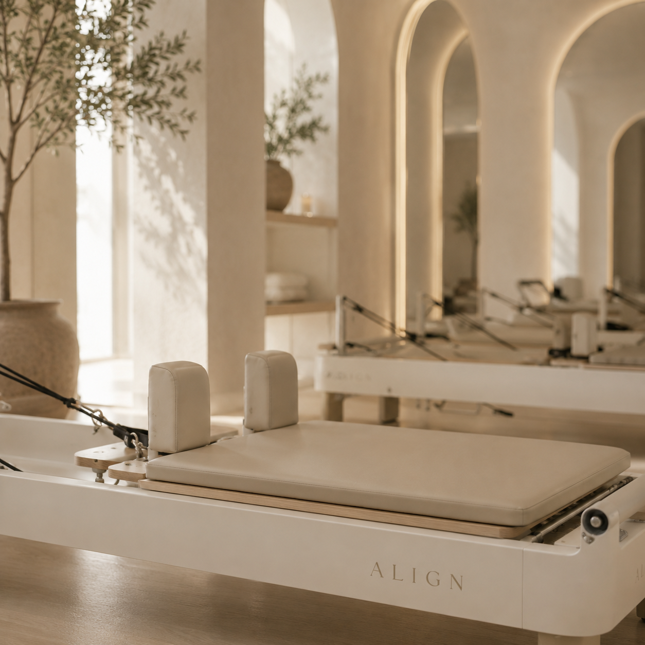 A white Pilates reformer machine labeled 'ALIGN' in a bright, minimalist room with arched doorways, large windows, and decorative plant vases.