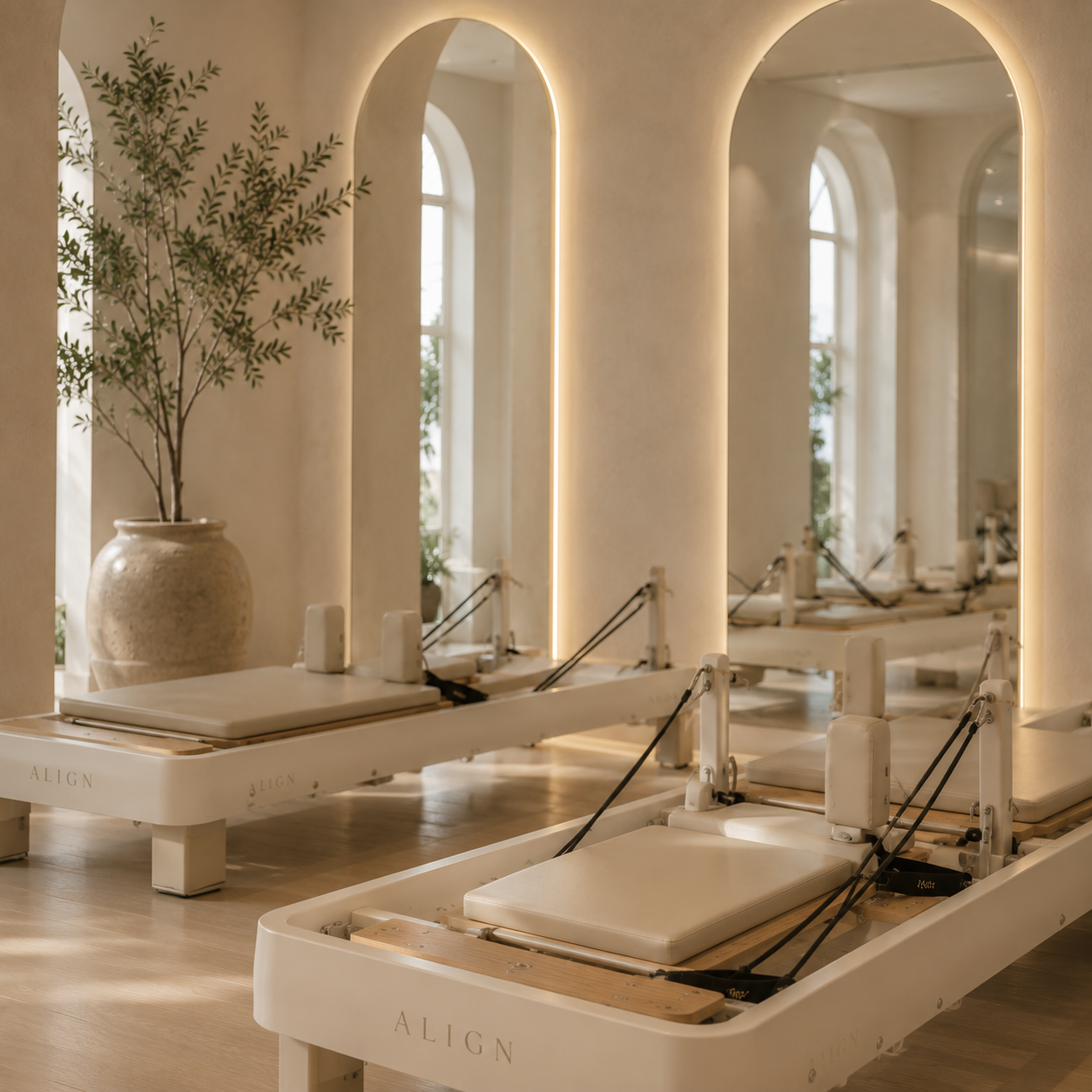 A wellness or Pilates studio with natural lighting, featuring multiple white Pilates reformer machines, a large ceramic vase with a tall green plant, arched windows, and soft backlit vertical LED lighting.