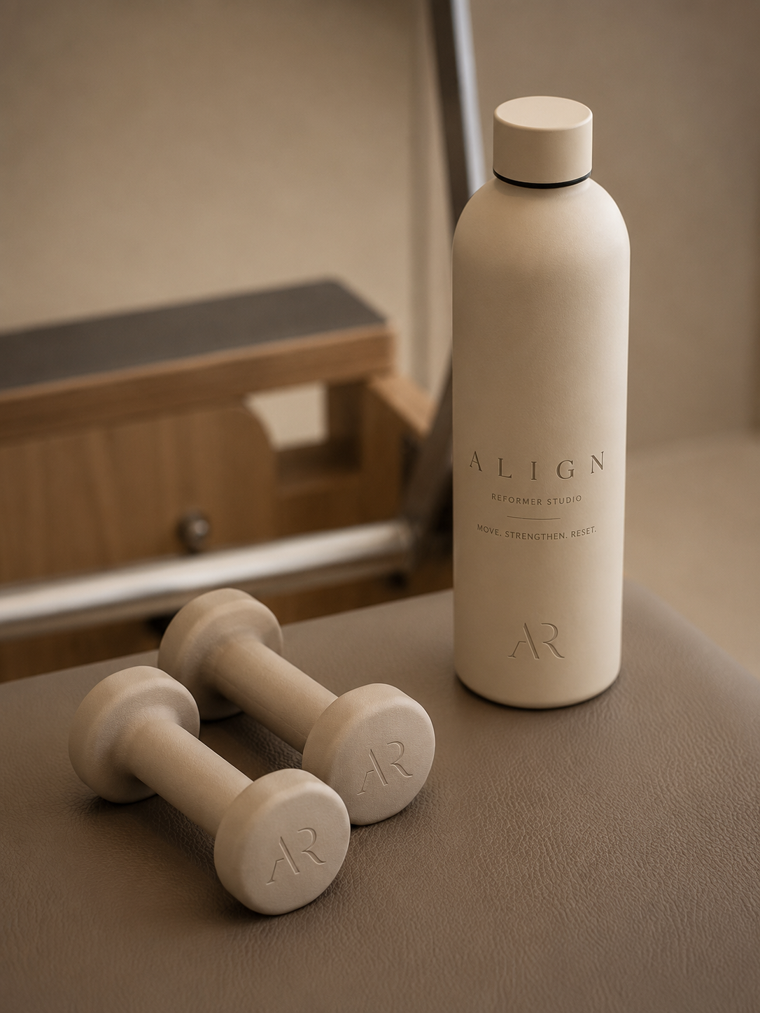A beige tube bottle labeled 'ALIGN' with the tagline 'Move, Strengthen, Reset' and 'Reformer Studio' on a beige surface, with two matching small dumbbells also bearing the 'AR' logo in the foreground.