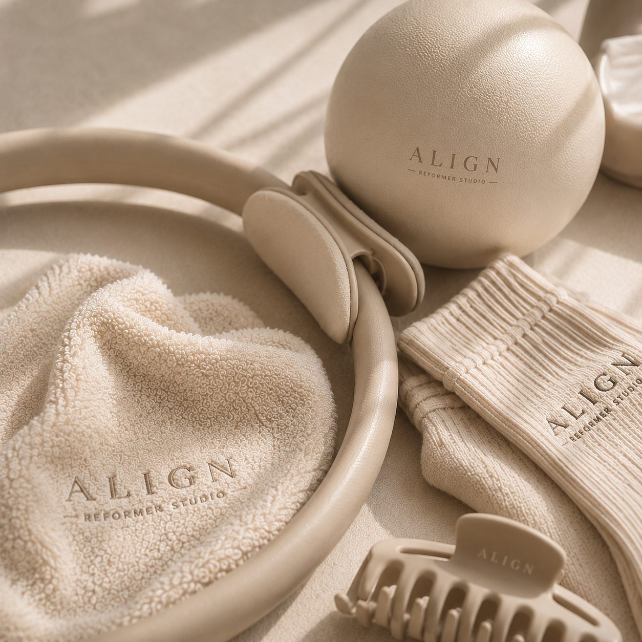Cream-colored headphone on a beige towel with the brand name ALIGN, a round foam ball with ALIGN branding, and a ribbed cloth with ALIGN branding, all on a soft surface.