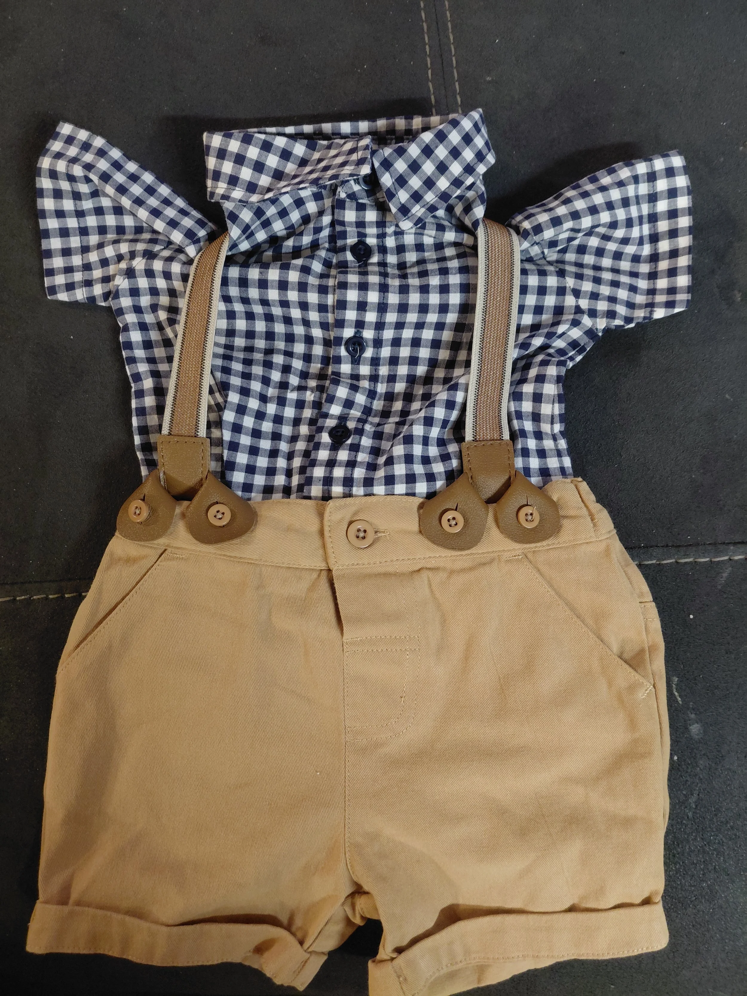 [000] Brown/ Blue checker overall Bodysuit
