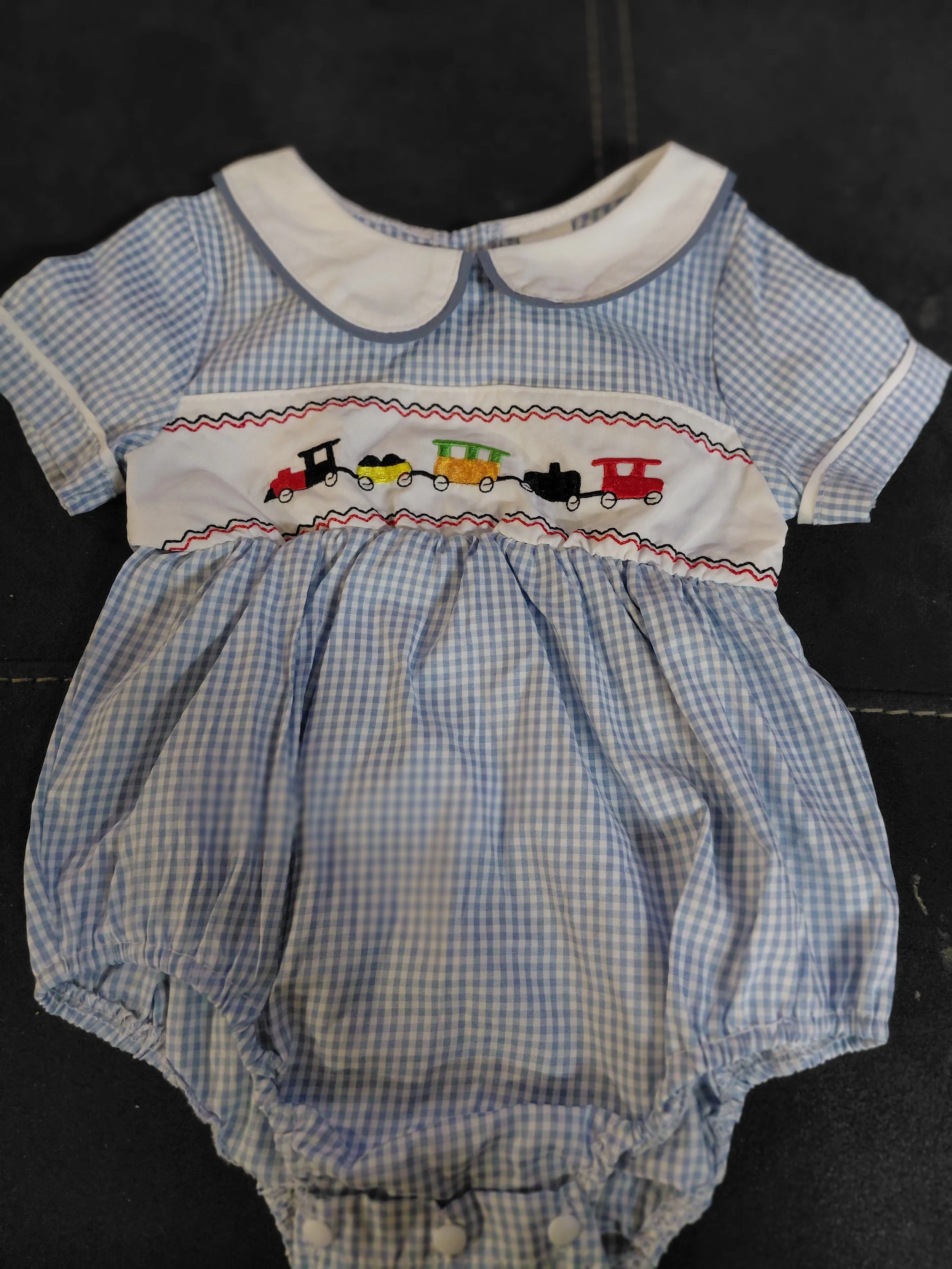 [3-6m] Train blue checker romper