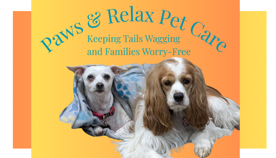 The image shows a colorful background with two dogs, one small white dog with a pink collar wrapped in a blanket and a larger dog with long brown and white fur, both lying down. The text reads 'Paws & Relax Pet Care Keeping Tails Wagging and Families Worry-Free'.
