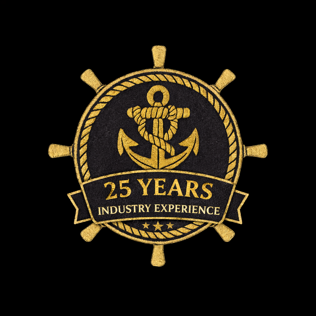 An embroidered patch with a black background, gold anchor, and rope design, celebrating 25 years of industry experience.