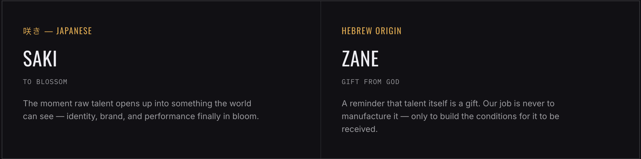 Two sections describing different types of talent. The left section is about Saki, Japanese origin, symbolizing blooming, with a quote about raw talent opening up to the world. The right section is about Zane, Hebrew origin, meaning gift from God, emphasizing talent as a gift and the importance of creating conditions for it to be received.