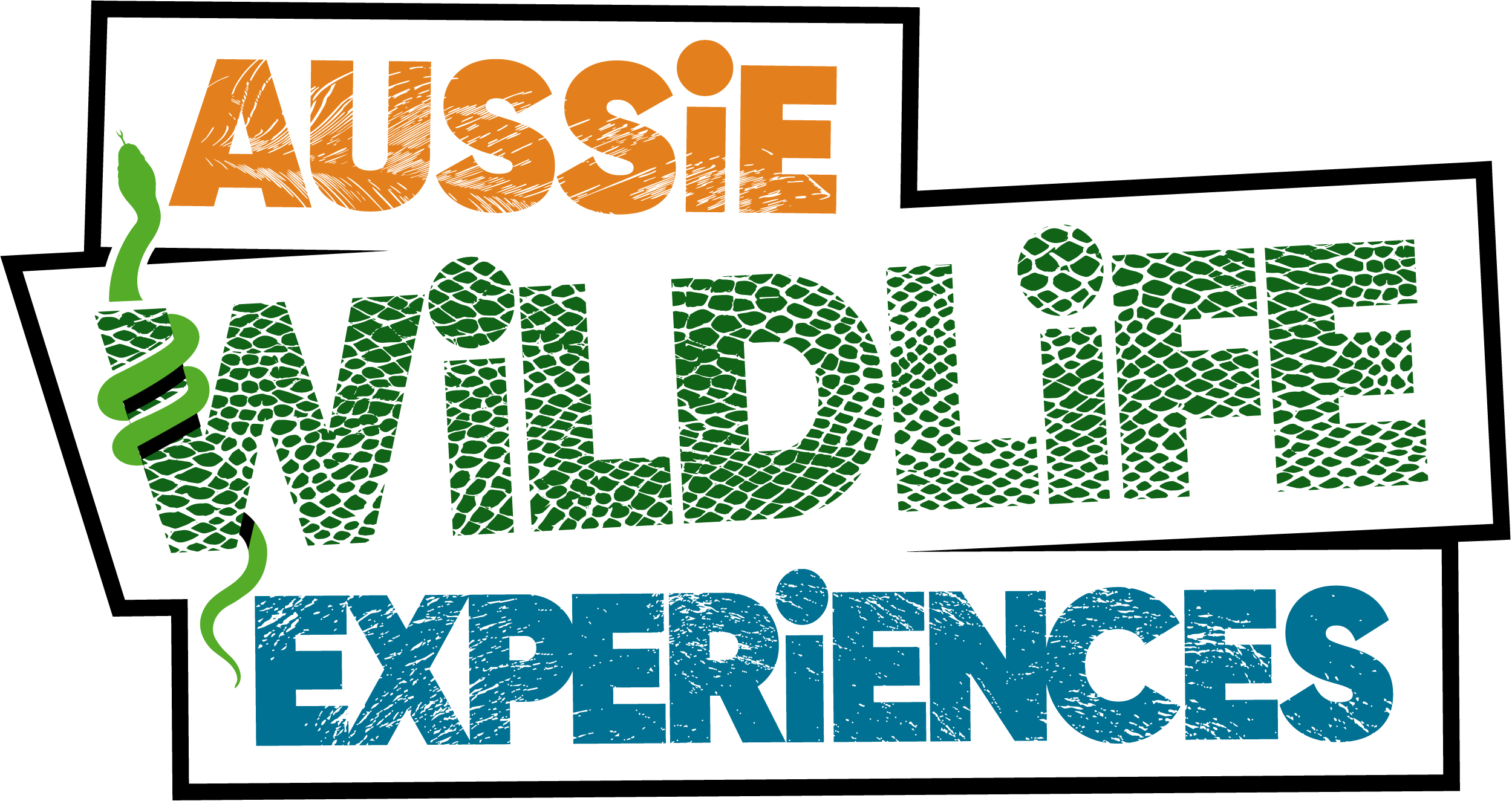 Text-based logo with the words 'Aussie Wildlife Experiences' in orange, green, and blue, with a green snake illustration on the left side.