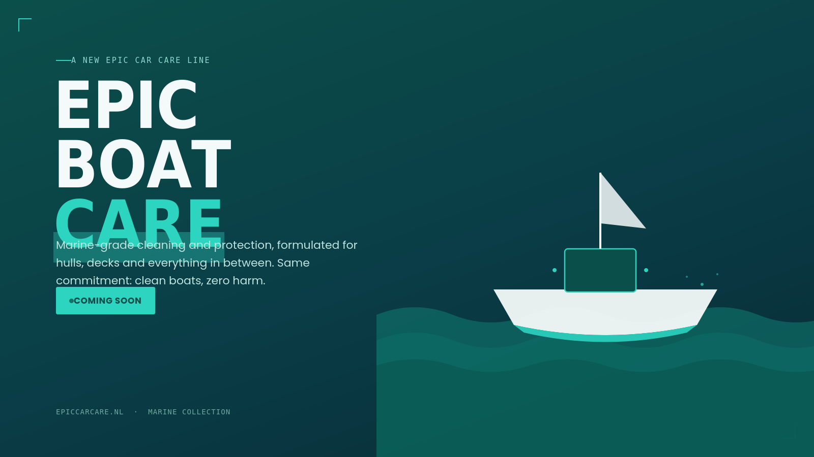 Een grafisch ontwerp voor een nieuwe lijn bootverzorgingsproducten, met een scheepje en tekst over marine-kwaliteit reinigen en bescherming, binnenkort beschikbaar.