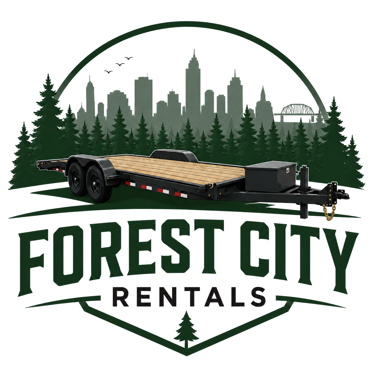 Logo for Forest City Rentals featuring a flatbed trailer with wooden planks, a cityscape and bridge silhouette with forest trees in the foreground.
