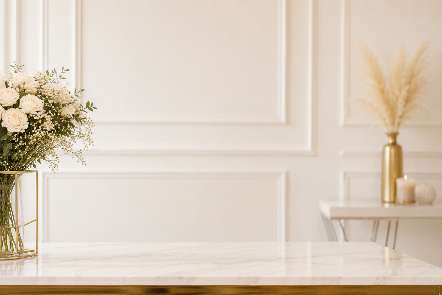 Vase avec fleurs blanches sur une table en marbre dans une pièce élégante avec murs blancs et décoration en or.
