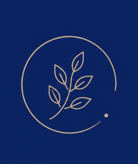Logo minimaliste avec une branche et des feuilles entourée d'un cercle et d'un point sur fond bleu.