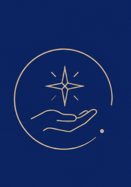 Un dessin minimaliste d'une main ouverte sous une étoile à quatre branches, entourée d'un cercle, sur fond bleu.