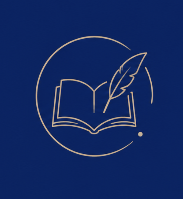 Logo minimaliste d'un livre ouvert avec une plume à côté, le tout dans un cercle sur fond bleu.