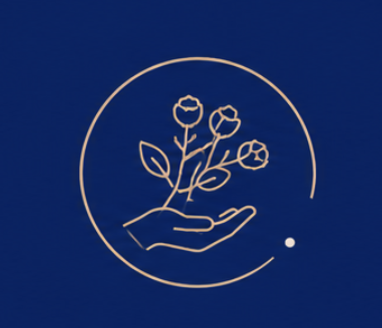 Une main tenant trois fleurs dans un cercle doré sur fond bleu