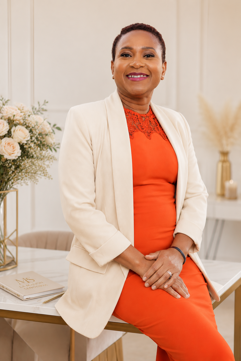 Femme souriante avec un blazer beige et une robe orange, assise à une table décorée de fleurs.