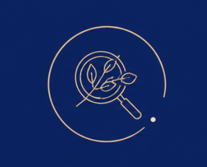 Logo d'une loupe avec une branche et des feuilles à l'intérieur, sur un fond bleu.