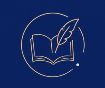 Une icône représentant un livre ouvert, une plume et un cercle, sur un fond bleu.