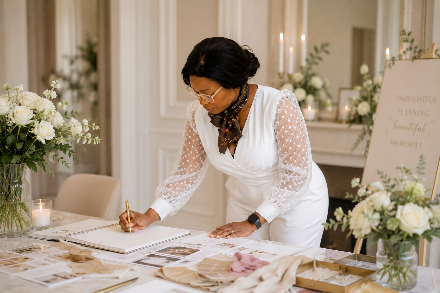 Une femme en blanc écrit dans un carnet sur une table décorée de fleurs et de papiers, dans une pièce élégante et lumineuse.
