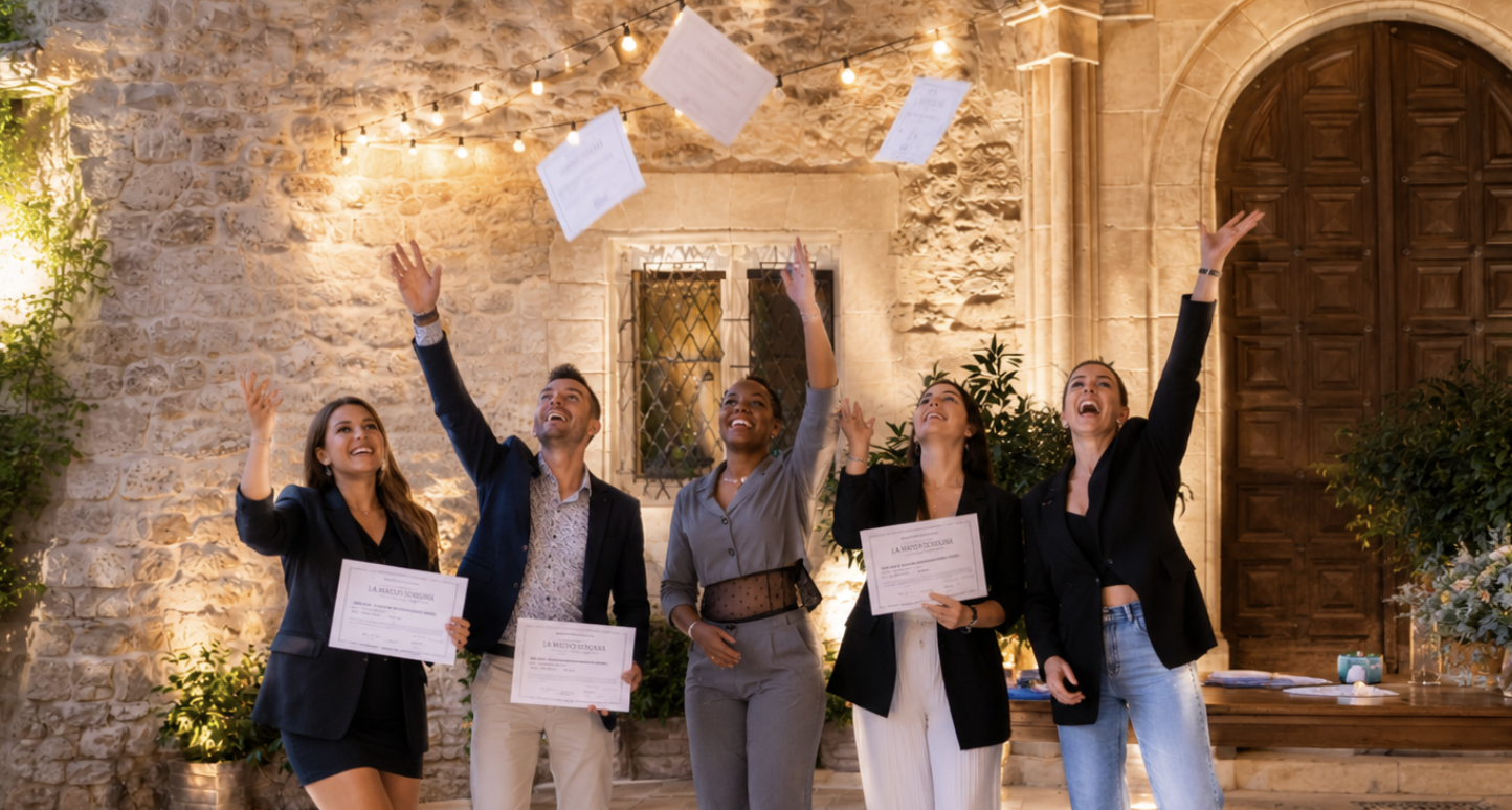 Cinq personnes en costume recevant un diplôme lors d'une cérémonie dans un lieu avec murs en pierre et éclairage chaud, célébrant leur réussite.