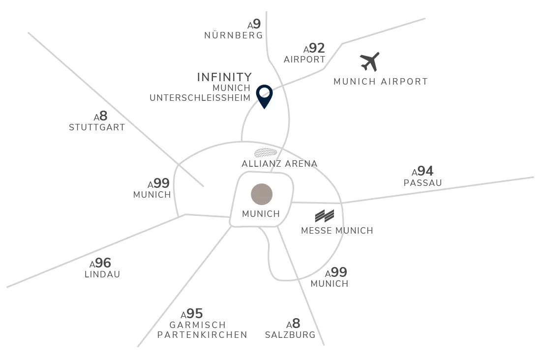 Map of Munich, Germany, showing nearby airports, highways, and attractions including Allianz Arena, Messe Munich, and Allianz Arena.