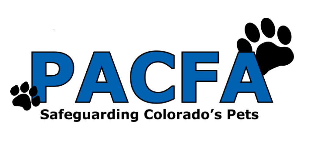 Logo for PACFA featuring blue text and black paw prints, with tagline 'Safeguarding Colorado's Pets'.