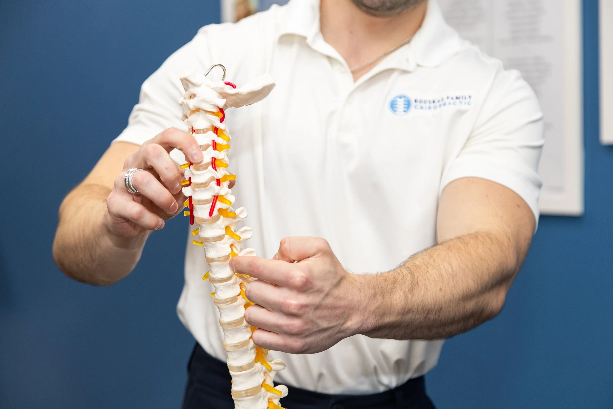 Close-up of Dr. Mike Rouskas pointing to a spine model while explaining spinal health during a family chiropractic consultation in Fairfield, NJ.