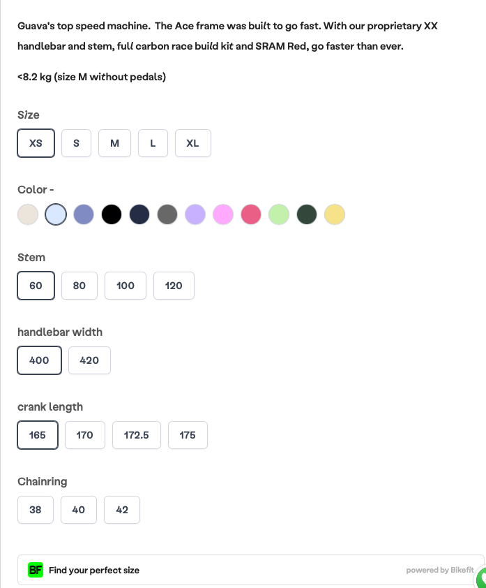 Before scanning: Guava size and component choices without personalized Bikefit recommendations.