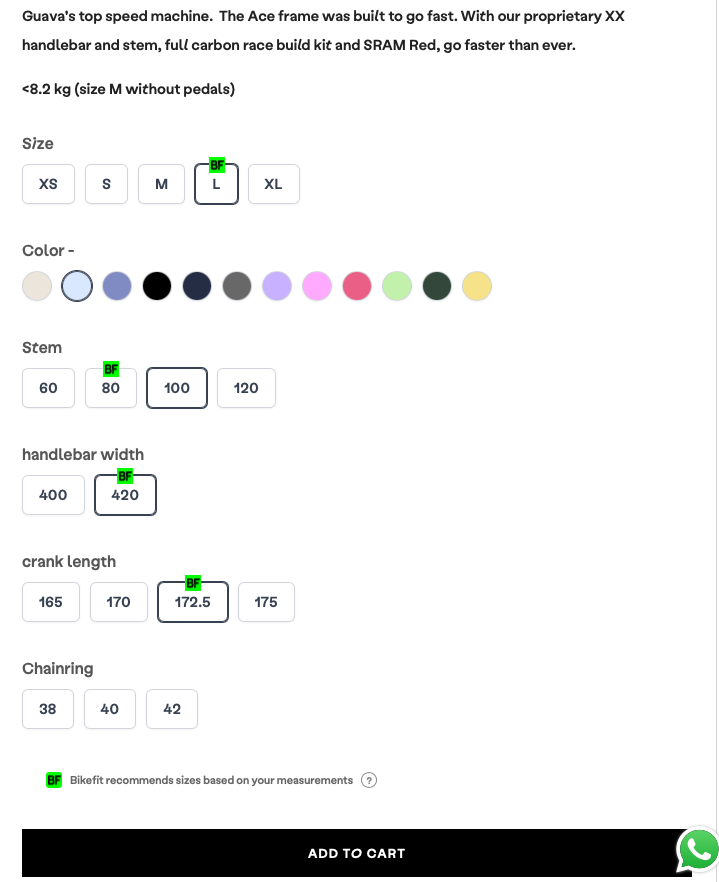 After scanning: personalized Bikefit recommendations highlighted beside Guava frame size, stem, handlebar width and crank length.