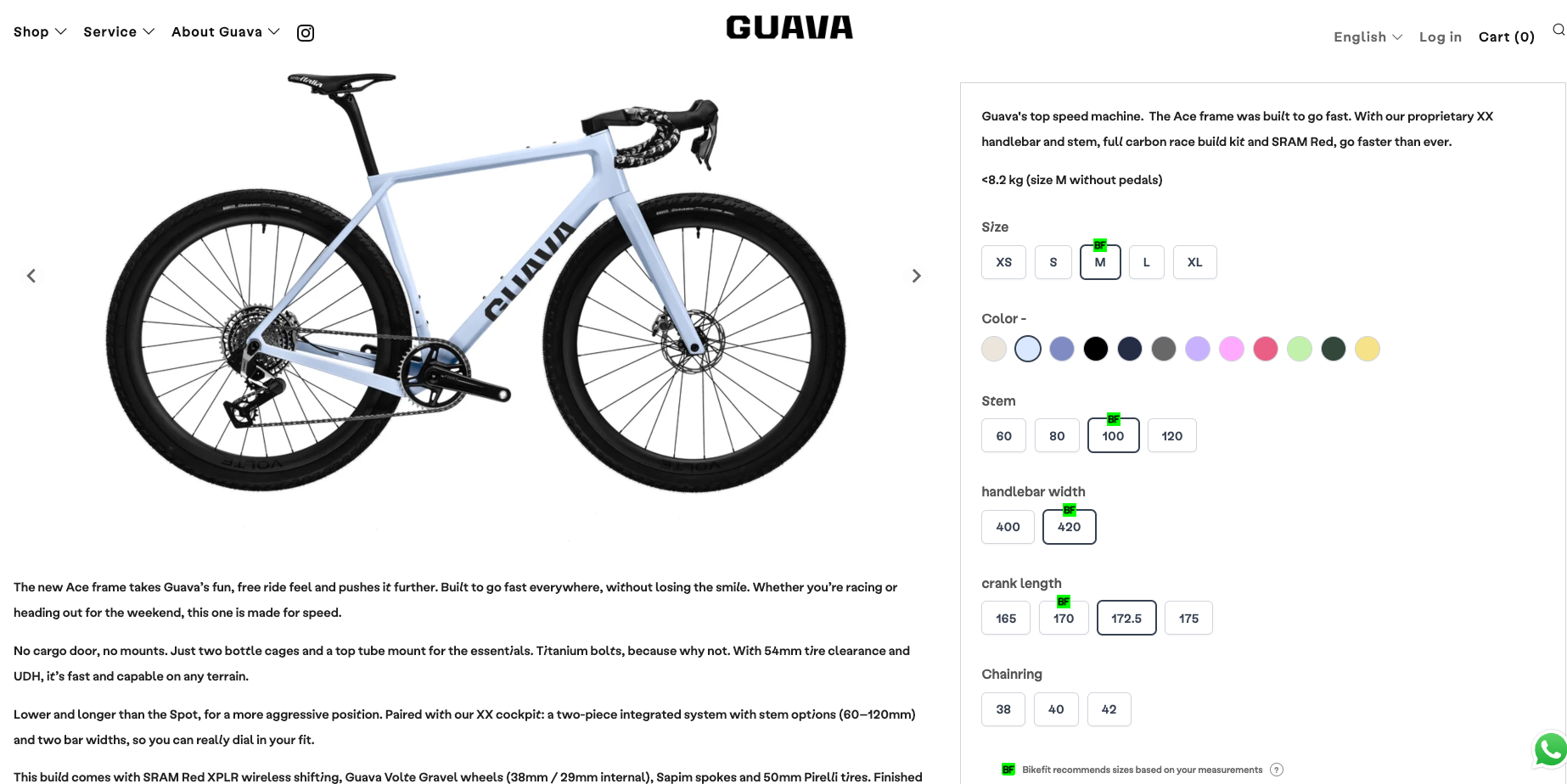 Guava bike configurator with Bikefit frame size, stem, handlebar and crank recommendations.