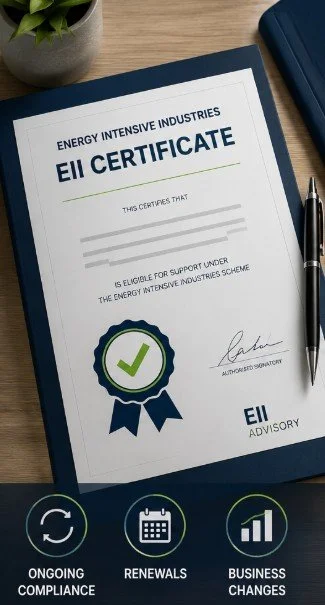 Energy Industry Certificate document on a desk with a pen and a plant in the background.