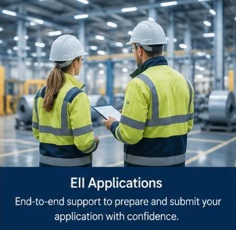 Two factory workers wearing safety helmets and reflective vests in an industrial setting, discussing something, with a blue overlay and text about EII applications and support.
