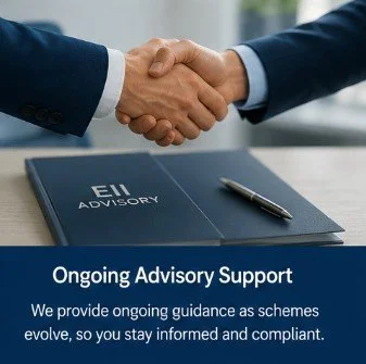 Two people shaking hands over a table with a binder and pen, title 'Ongoing Advisory Support' indicating guidance and compliance.