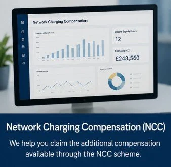 A digital screen displaying a dashboard with charts and data about Network Charging Compensation (NCC), including a bar graph, a line graph, and a pie chart, with a text section at the bottom promoting NCC claims.