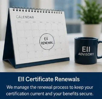 Desk calendar with a marked date for Eii renewal and a black mug labeled 'EII Advisory' on a blue surface, with a blurred plant in the background.