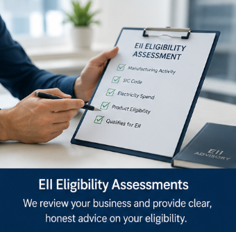 Close-up of a person holding a clipboard with an EII eligibility assessment checklist, including manufacturing activity, SIC code, electricity spend, product flexibility, and qualifications for EII, with a promotional message about EII eligibility assessments.