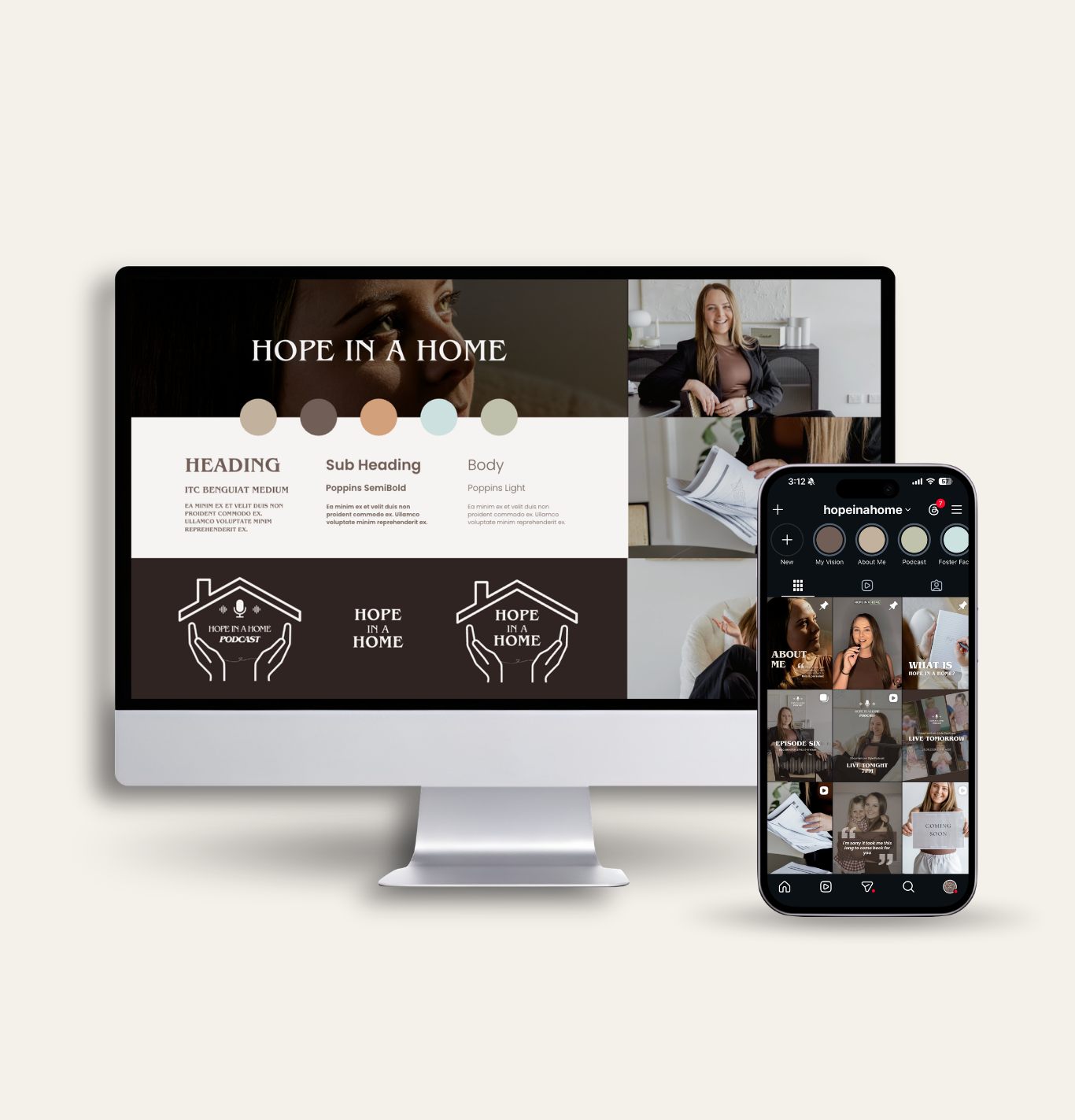 Branding project for 'Hope in a Home,' including brand identity, content strategy and branded assets