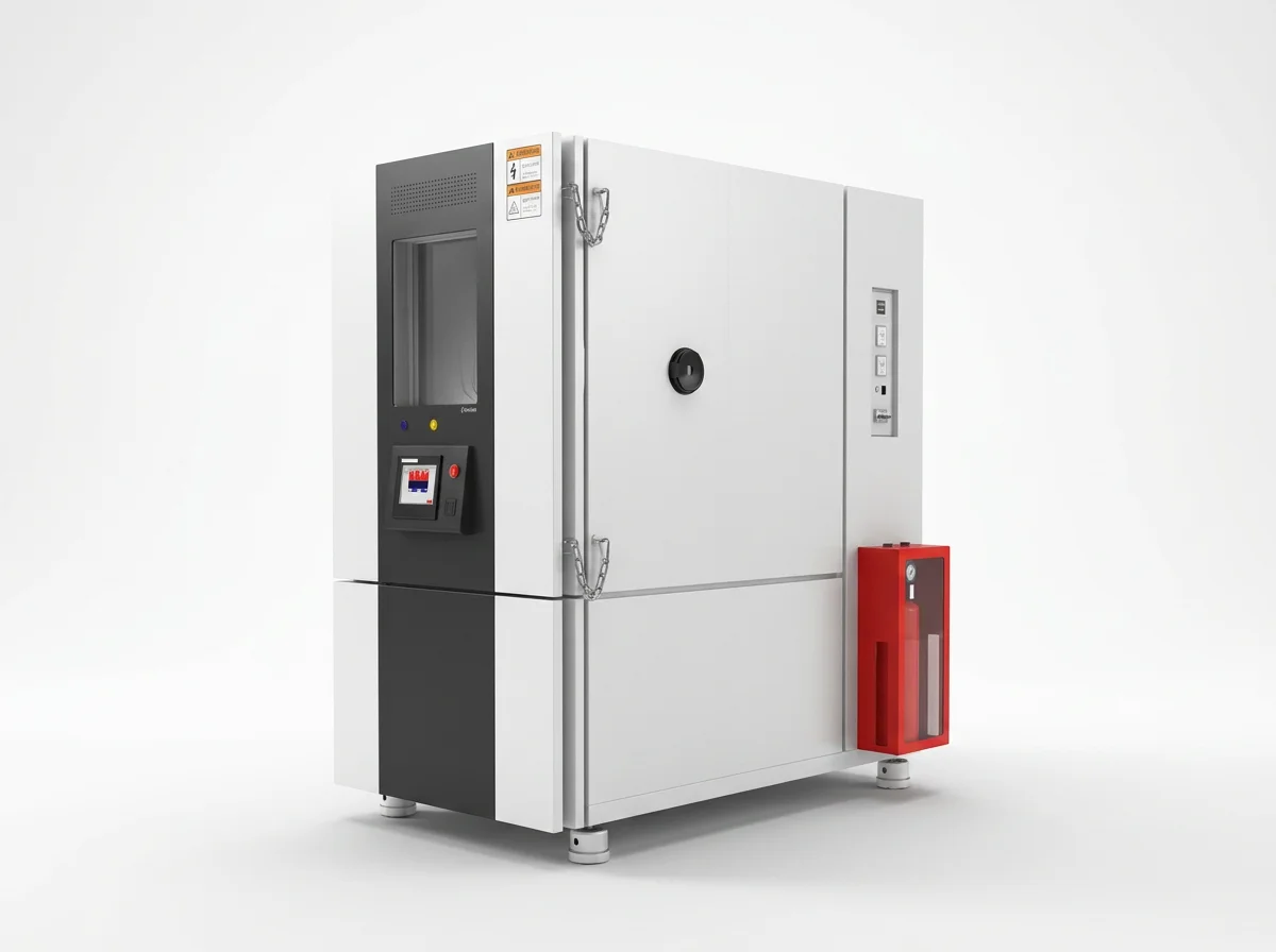 A large scientific or industrial equipment chamber with a control panel, warning labels, and safety features, situated on a white background.