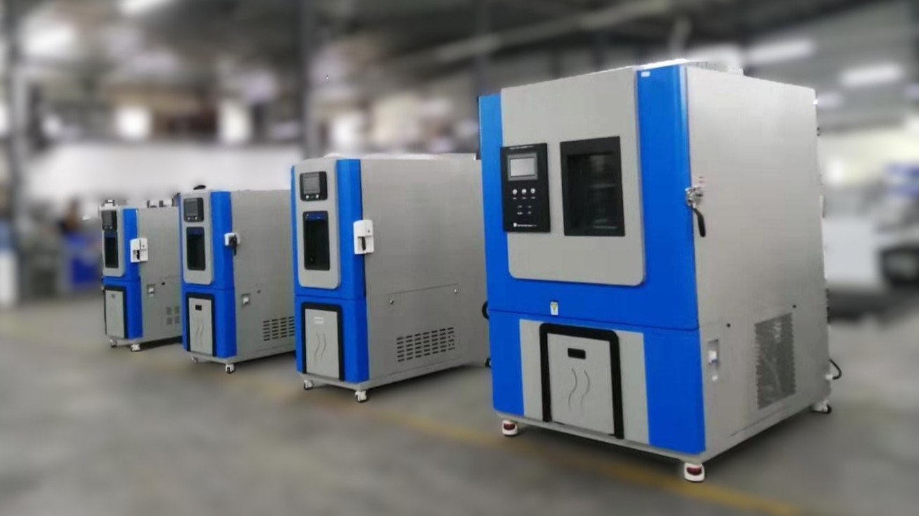 A row of environmental test chambers inside a factory or warehouse.