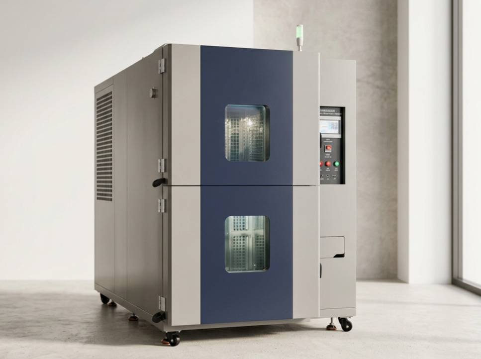 A large thermal shock chamber with glass windows and control panel located near a window in a clean, modern laboratory setting.