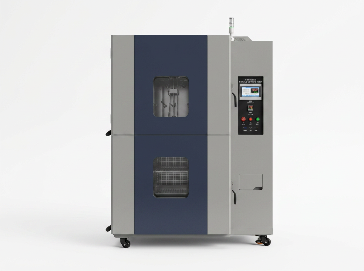 A laboratory thermal shock chamber with a digital control panel on the right side, two glass windows on the front doors, and four caster wheels.