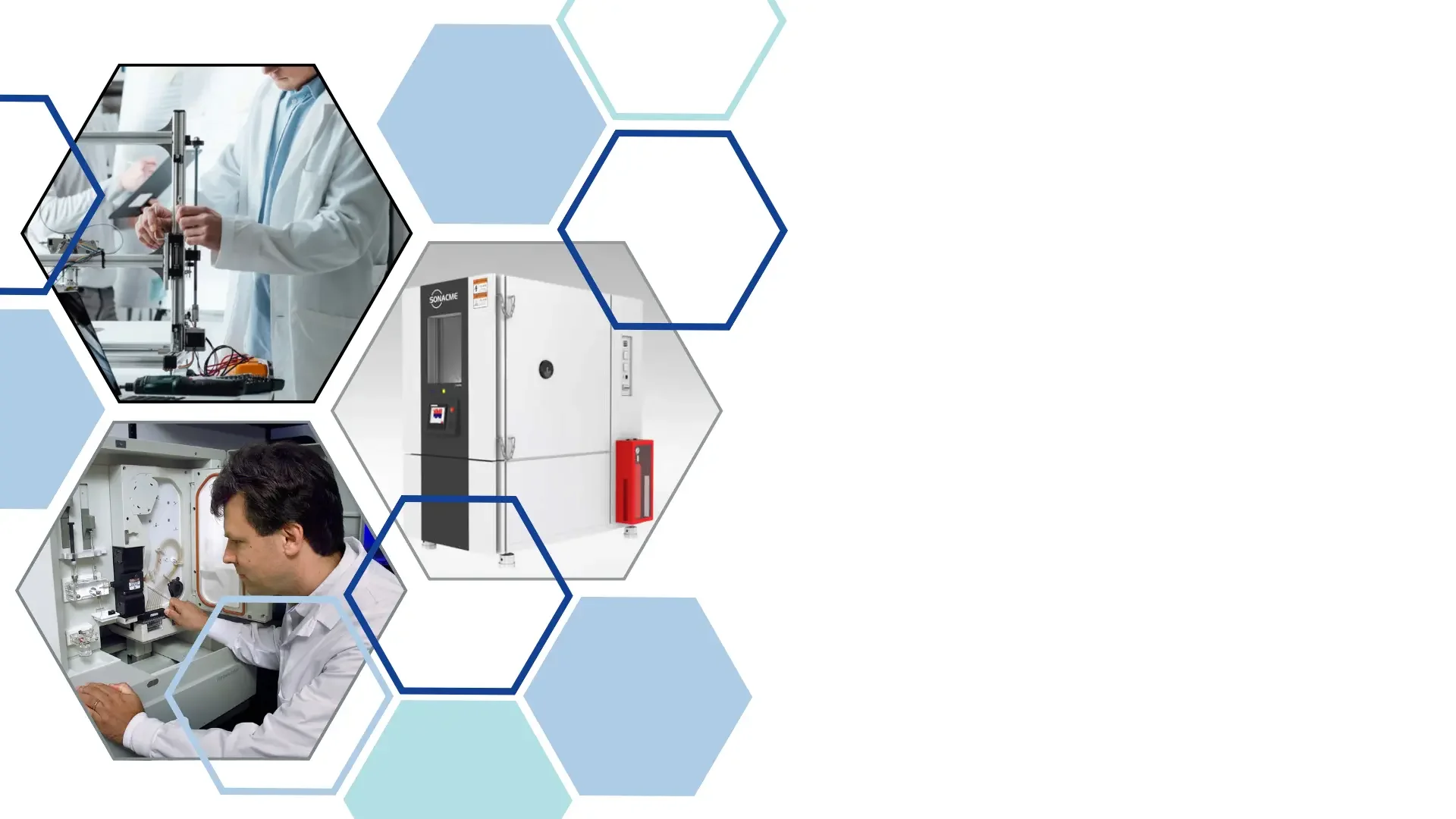 A collage of three scientists working in a laboratory with scientific equipment, a large scientific oven, and an electrical device, arranged within hexagon shapes on a background of blue and white hexagonal tile patterns.