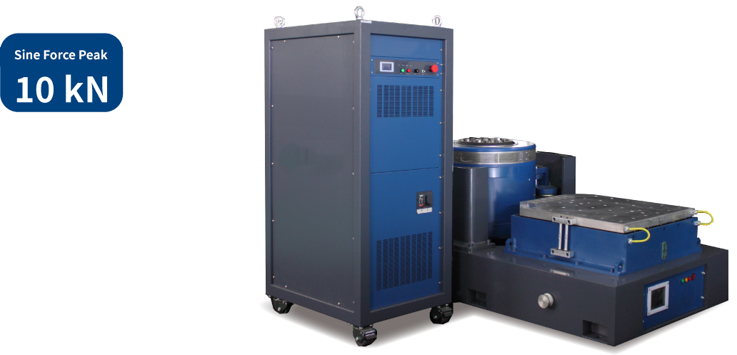 EDM-1000 10 kN electrodynamic vibration test system with power amplifier cabinet, shaker body, and horizontal slip table for automotive and aerospace testing