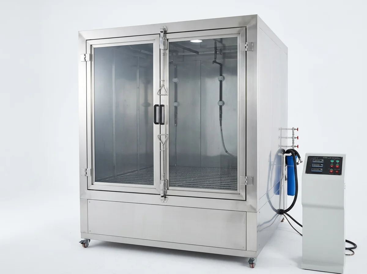 IPX3/IPX4 rain spray chamber with oscillating tube and sample table